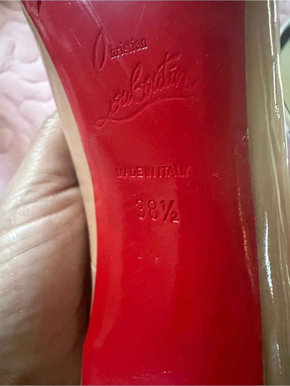 Christian Louboutin Nude Patent Pointed-Toe Pumps with Red Soles